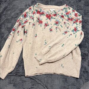 LC Lauren Conrad Floral Crew Neck Sweater - Cream, Red, Green
